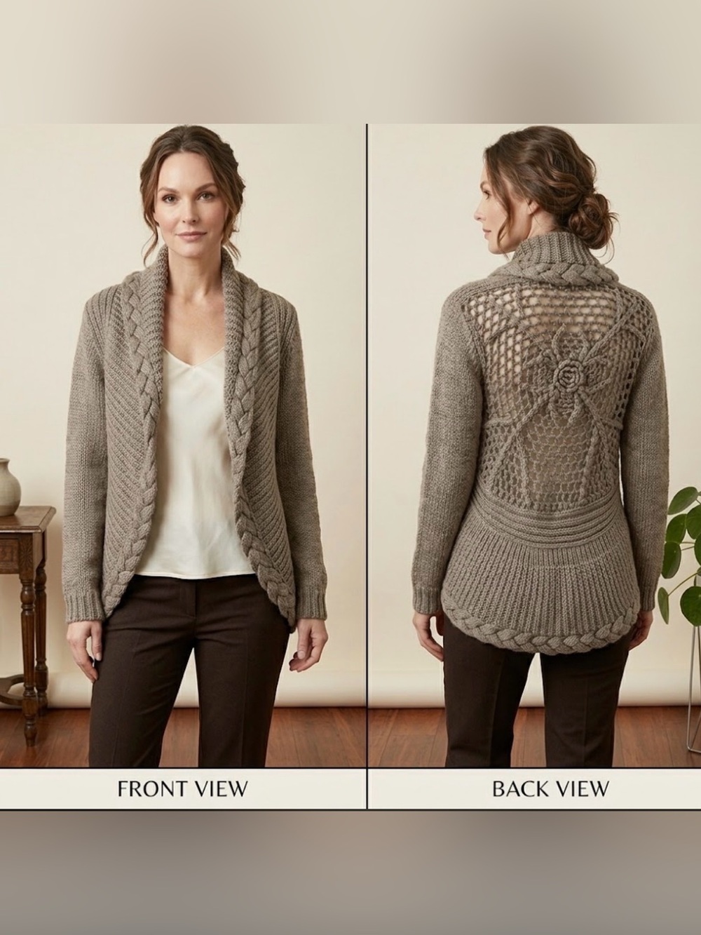 Taupe Open-Front Cable & Crochet Back Sweater Cardigan Wool blend Sz M/L